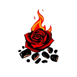 a fire pit with dark embers and the flames spiral outward like petals to make the shape of a rose flower(red) , black and red Vector on white background