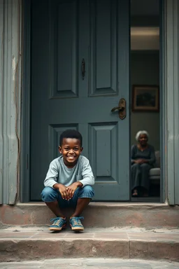 A one year old white boy and a one year black boy smiling , sitting on the door 3 steps of the an old paints house door , in the background an old woman sitting on the couch , insanely detailed octane render trending on artstation, 8k artistic photography, photorealistic concept art, soft natural volumetric cinematic perfect light, chiaroscuro, award-winning photograph, masterpieces, oil on canvas, Raphael, Caravaggio, Greg Rutkowski, people,