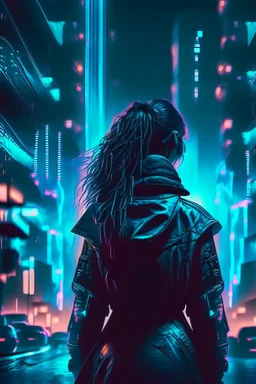 Noir, woman from the back silhouetted by neon lights facing empty night futuristic city in photorealistic style, cyberpunk, ice blue neon signs, street level view, raytracing, depth of field, cinematic, highly detailed, rim lighting