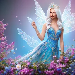 Fantasy fairy with transparent wings, smiling, make up, long platinum blond hair with crown and flowers, blue dress, flower background