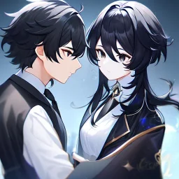 Clear focus, High resolution, short black hair, white and black hair, 2 hair colors, black eyes, wearing a black jacket and a white shirt, wearing a black skirt, 1girl, Genshin impact, long locks, long eyelashes, black tie