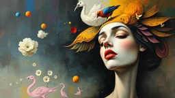 painting of a woman with a bird on her head and a bird on her head, surrealist painting, surrealist artwork, emotional surrealist art, abstract surrealist, a surrealist painting, surrealist art , abstract surrealism, abstract surrealism masterpiece, surreal painting, contemporary surrealism, magically shaped surrealism