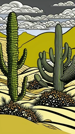 A tan sandy desert with cactuses painted by Roy Lichtenstein