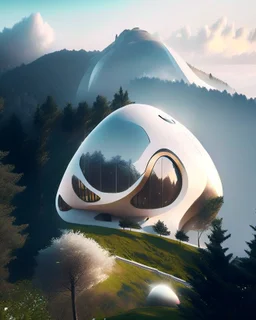 Villa on the mountain egg shaped architecture Zaha Hadid trees people summer weather clouds hyper realistic 8k