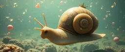 fat snail true yoga mind bending bubble gum as a young woman floating transparent music notes in the weirder universe in the ocean with the snail fish king in the style of Giger