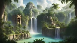 пейзаж город майя в джунглях пальмы водопады скалы лианы