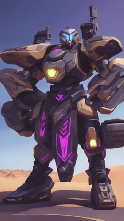 A close picture to Ramattra nemesis form as tank body with Arab rob in overwatch art style with black color and neon purple details in Desert