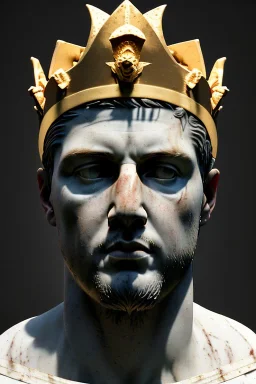 Ultra Realistic image, Roman sculpture, white marble material, young Ronaldo Nazario soccer player, gold crown of natural thorns, god crown, gold veins, gold ornaments, Renaissance style, sun rays background, waist up portrait, epic, celestial, cinematic lighting, God lights, 4k resolution, smooth details, soft lighting, unreal engine 5, art station, substance 3d.