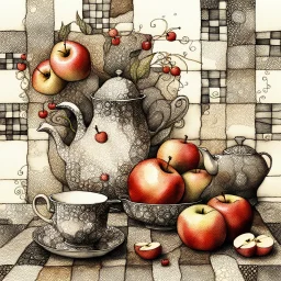 Watercolour and ink patchwork in the style of Jamie Heiden, Walter Crane, Yayoi Kusama, Ivan Shiskin, John Atkinson Grimshaw: zentangle cute whimsical watercolor Still life with apples on a porcelain plate and a teapot crisp quality, ultra detailed, elegant, fantastical, surreal, watercolor and pen, beautiful high definition fine 3D line art, white and grey and red dreamy colours, extremely detailed, intricate, elaborate, HDR, award winning, expressionism, fantastic view, ethereal, fantasy, unsi