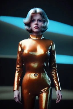 Ultra Realistic retro sci-fi portrait image from 1960, New York, spaceship, sweet young Jane Fonda, tight latex suit, weapon, fighting stance, soft color, highly detailed, unreal engine 5, ray tracing, RTX, lumen lighting, ultra detail, volumetric lighting, 3d, finely drawn, high definition, high resolution.