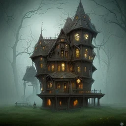 spooky crooked old house that looks like an ultra detailed ornat clock, dark fantasy