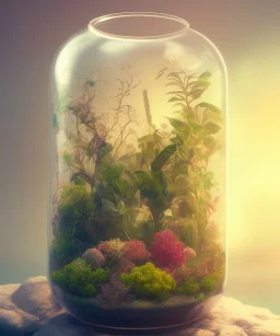 a glass jar terrarium filled with plants, highly detailed, digital art, sharp focus, trending on art station, illustration