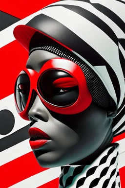 woman with red paint on full face, black round sunglasses, black and white swimming cap on head, black turtleneck, side view by joe scott , afrofuturism, futuristic, pop art, geometric, bizarre, surreal