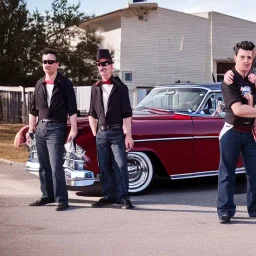 a 50s Greaser BAND standing in front of a hot rod