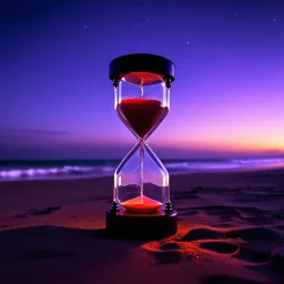 an hourglass on a beach at night, dark purple light