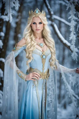 Full body Photography Beautiful Elven princess,blonde gold hair,rapunzel hair,very long hair,elven crown, light blue, white, ice, glitter,sparkle,ice flowers,elven ears,fairy princess, ice fairy,golden armor,ice crystals