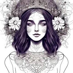 full body portrait of a girl wearing crown of flower ,big eyes,line drawing,mandala,high contrast,vector art,paper cut