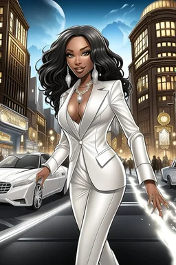 Create a digital airbrush cartoon of a curvy African American female wearing a white business suit with white heels. Prominent make up with hazel eyes. Highly detailed very long extremely curly black hair. She is wearing silver and diamond Jewely that shines of the lights. Her skin is smooth and silky. Background of a busy city street