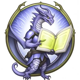 A dragonoid human with grey scales and large glasses along with a long, flexible tail, studying a magical shield in the shape of an octagon