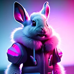 pixar style anamorphic cute cyberpunk rabbit baby, smiling, full body, magenta puffer jacket, manila city backdrop, hyper realistic, unreal engine 5, 16k,cinematic background