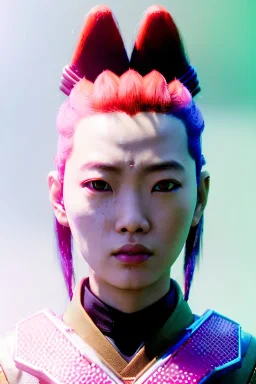 portrait, Asian cyborg woman, samurai warrior :: symmetry photography, cyberpunk style, pink hair, makeup, line eye :: black samurai army, katana, japanese traditional ornaments, pink, white, black, light iris :: cinematic, Ultra realistic, dark scene, soft color, highly detailed, unreal engine 5, RTX, ultra detail, 3d, finely drawn, high definition.