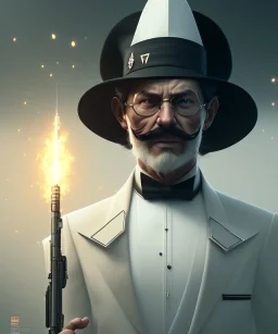 Docotor, black small mustache, white toxido, black tie, black hat, head and shoulders portrait, 8k resolution concept art portrait by Greg Rutkowski, Unreal Engine 5 volumetric lighting