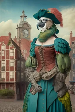 Female Half parrot half human in a 1700s outfit next to a Dutch city