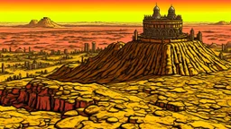 Desert warrior from behind looking at a city on a plato in the distance, comic style