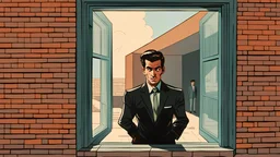 comic style, a man standing in front of a big window, looking in the window, the man is in a black suite, 1960 era, Iran