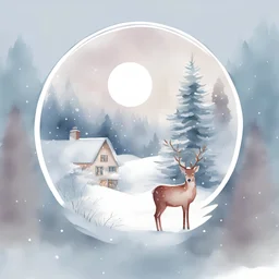 Vector graphic for t-shirt design, sticker, centered circle masked, (snowy Christmas scene, Trees, snowflakes), Drawing, cute, Sarah Kay style, beautiful, sweet, watercolor,
