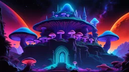 "Vibrant, bioluminescent mushroom castle on a small asteroid, cosmic mycelium roots, nebulae background. Glowing, intricate, otherworldly. Style of Syd Mead, 8k, space art."