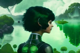 Photo of a skinny woman with a black bob hairstyle, in a green and silver android suit, looking at flying dandelion heads with octopus tentacles looking out over a lake, in an alien forest, with tall narrow cloud trees