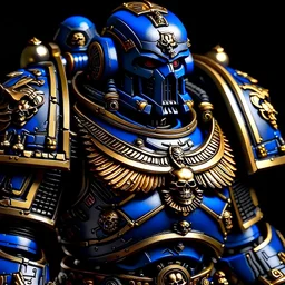 upper torso portrait of Adeptus Astartes, young african man, Mostly black with copper accents color palette , Primaris Space Marine Infiltrator armor, Depth of field, Warhammer 40K , highly detailed, cinematic lighting, symmetry, symmetrical, anatomically accurate, Chapter Master , raven on chest plate