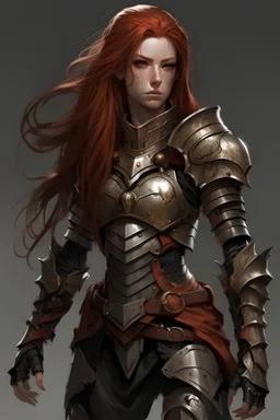 female with long red hair, wearing metal armor, whole body