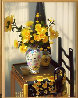 beautiful art print features yellow flowers in a chinoiserie vase sitting on a table, with black ladderback chair in background Modifiers: oil on canvas beautiful dynamic lighting crisp quality colourful acrylic art still life luminism Gustave Klimt style raw beautiful oil on canvas beautiful oil on canvas oil on canvas