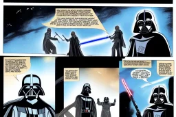 Cat dressed like Luke Skywalker and cat dressed like Darth Vader. Fighting with light swords. Graphic novel. Colours