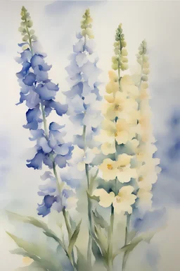 Watercolour of delphiniums in the style of willem henraets