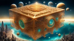 quantum Hypergeometry golden ratio maldelbrot supradimensional floating city over Jupiter ocean life creature intelligent tesseract