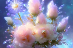 one big crystal subtle flower in a galactic ambiance, transparent petals, delicate colors, in the foreground, with a very little beautiful fairy, full of details, smooth, bright sunshine，soft light atmosphere, light effect，vaporwave colorful, concept art, smooth, extremely sharp detail, finely tuned detail, ultra high definition, 8 k, unreal engine 5, ultra sharp focus