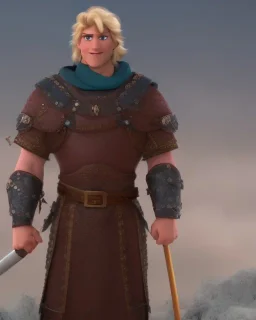 strong medieval warrior with short blond hair, blue eyes and wide warm smile with an axe with green and brown clothes