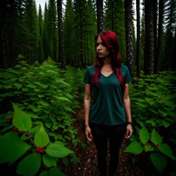 A person standing in a forested area in Alberta during the summer season, facing a patch of poison ivy. The plant has dark green leaves and small red berries that are clearly visible on its branches.