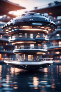 modular house boat that looks like a dark twisted alien space ship in advanced hi tech dock, bokeh like f/0.8, tilt-shift lens 8k, high detail, smooth render, down-light, unreal engine, prize winning