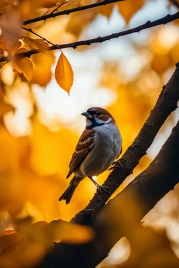 a sparrow sitting on top of a tree branch surrounded by golden autumn leaves, crepuscular lighting, unsplash photography, BOKEH shot style of time-lapse photography, fujifilm provia 400x, 100mm lens, luminous shadows, renaissance-inspired , home and garden, wildlife nature photography, HDRI.