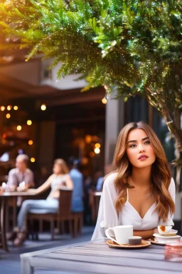 stunningly beautiful girl, sitting inside a cosy cafe