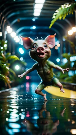 alien pig gremlin in water slide in the middle of crazy dance moves dancing on buss parked in dark lit reflective wet jungle hall tunnel,bokeh like f/0.8, tilt-shift lens 8k, high detail, smooth render, down-light, unreal engine, prize winning