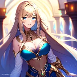 Clear focus, 8k, high quality, detailed, beautiful lighting, vibrant colors, golden long hair, vibrant blue eyes, girl, smile, valkyrie, qreen