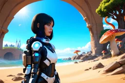 Photorealistic woman with black hair in a futuristic space suit, looking over a sandy beach, sci-fi buildings, arches, bridges, trees, flying mushrooms with tentacles