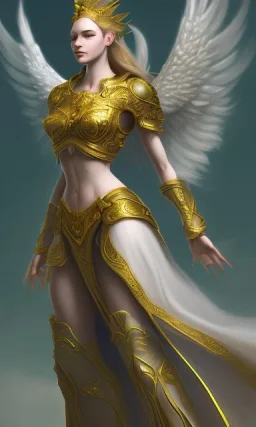 Female angel with big wings and golden crown floating above the ground in the dark, michelangelo style, detailed, world of warcraft style