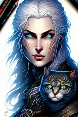 Cute friendly Witcher, playing with cute cats, perfect eyes, perfect iris, ink and pencil, style Elisabeth Kreitz