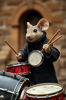 A mouse warring a black coat dressed brown coat, playing the drums